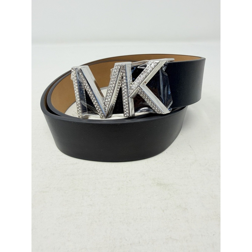 Michael Kors Womens Size Small Rhinestone MK Logo Genuine Leather Belt Black $98
